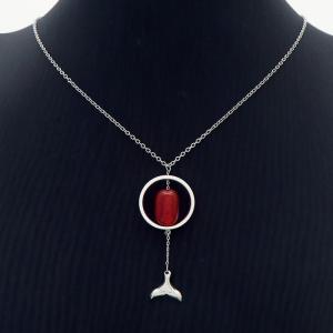 Round fishtail steel color titanium steel red natural stone necklace - KN239308-MS