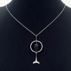 Round fishtail steel color titanium steel black natural stone necklace - KN239309-MS
