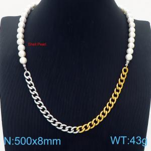 500mm Women Shell Pearls&Stainless Steel Silver&Gold Color Cuban Links Necklace - KN249872-ZC