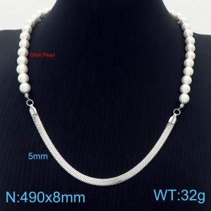490mm Women Shell Pearls&Stainless Steel Snake Bone Chain Necklace - KN249874-ZC