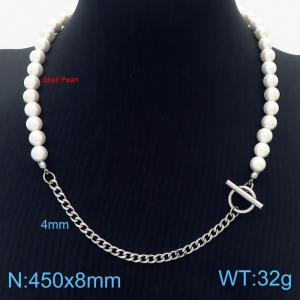 450mm Women Shell Pearls&Stainless Steel Cuban Links Necklace with OT Clasp - KN249876-ZC