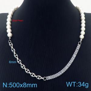 500mm Women Shell Pearls&Stainless Steel&Zircons Links Necklace - KN249877-ZC