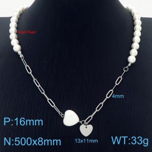 500mm Women Shell Pearls&Stainless Steel Oval Links Necklace with Double Love Heart Pendants - KN249878-ZC