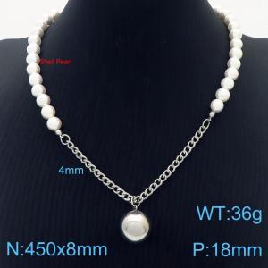 450mm Women Shell Pearls&Stainless Steel Cuban Links Necklace with Globle Shape Pendant - KN249880-ZC