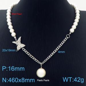 460mm Women Shell Pearls&Stainless Steel Cuban Links Necklace with Butterfly&Plastic Pearl Charms - KN249881-ZC