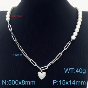 500mm Women Shell Pearls&Stainless Steel Oval Links Necklace with Love Heart Pendant - KN249882-ZC