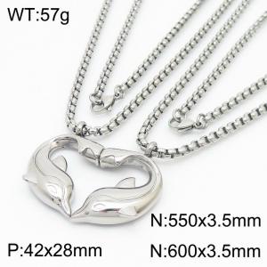 Romantic Stainless Steel Jewelry Set with Double Box Chain Necklaces&Paired Magnetic Dolphins Pendant - KN250153-Z