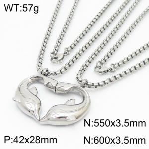 Romantic Stainless Steel Jewelry Set with Double Box Chain Necklaces&Paired Magnetic Dolphins Pendant - KN250153-Z