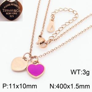 Stainless steel simple and fashionable C-shaped open rose gold necklace with rose and deep pink heart shaped pendants hanging in the middle - KN250159-KLX