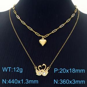 Fashion Double Swan Diamond Heart Pendant Stainless Steel Double Clavicle Chain - KN250355-SY