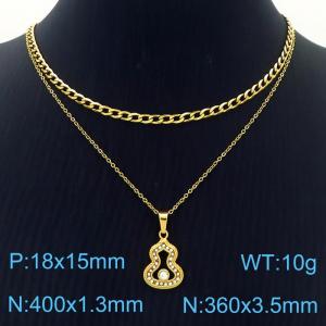 Personalized diamond inlaid water gourd shaped pendant with stainless steel double layer necklace - KN250357-SY