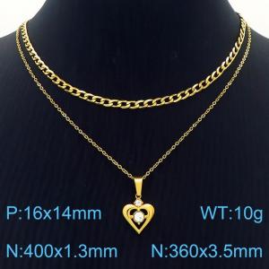 Hollow Heart Pendant Stainless Steel Double Layer Necklace - KN250360-SY