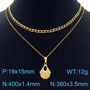 400 * 1.4mm hollow large water drop diamond pendant stainless steel double layer necklace - KN250365-SY