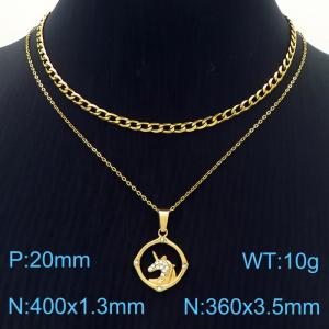 Hollow out unicorn pendant stainless steel double layer necklace - KN250366-SY