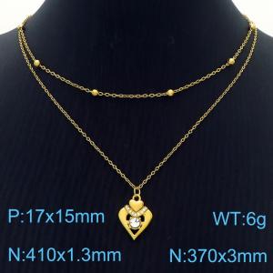 Hollow Heart Lock with Diamond Pendant Stainless Steel Double Layer Necklace - KN250376-SY