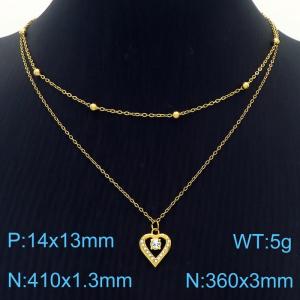 Hollow Heart Diamond Pendant Stainless Steel Double Layer Necklace - KN250377-SY