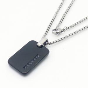 European and American fashion stainless steel square pearl chain inlaid with diamond rectangular military brand black pendant temperament silver necklace - KN250421-AQ