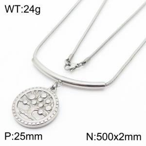 500mm Tree of Life Round Pendant Stainless Steel Necklace Snake Chain Silver Color - KN251165-Z