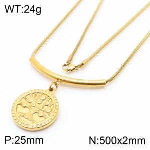 500mm Tree of Life Round Pendant Stainless Steel Necklace Snake Chain Gold Color - KN251166-Z