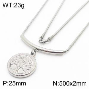 500mm Tree of Life Round Pendant Stainless Steel Necklace Snake Chain Silver Color - KN251167-Z