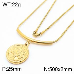 500mm Tree of Life Round Pendant Stainless Steel Necklace Snake Chain Gold Color - KN251168-Z