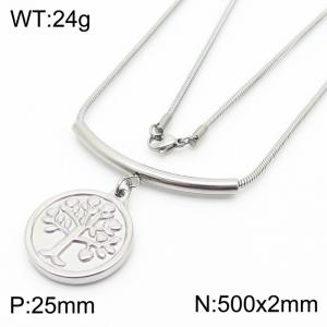500mm Tree of Life Round Pendant Stainless Steel Necklace Snake Chain Silver Color - KN251169-Z