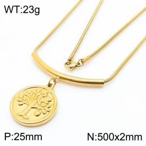 500mm Tree of Life Round Pendant Stainless Steel Necklace Snake Chain Gold Color - KN251170-Z
