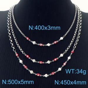 Three Layers Red And White Devil's Eye With Heart Stainless Steel Necklace O-Chain Silver Color - KN251173-Z
