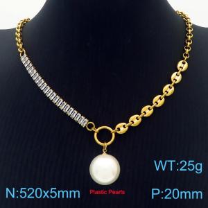 Zircon Stainless Steel Necklace O-Chain With Plasitc Peals Gold Color - KN251178-Z