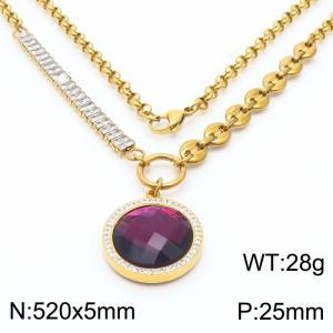 Zircon Stainless Steel Necklace O-Chain With Round Purple Pendant Gold Color - KN251184-Z