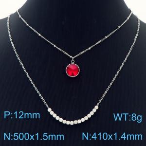Double Layers Stainless Steel Necklace Link Chain With Red Stone Pendant Silver Color - KN251211-Z