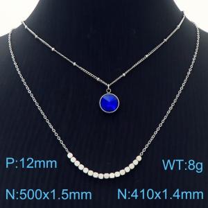 Double Layers Stainless Steel Necklace Link Chain With Blue Stone Pendant Silver Color - KN251217-Z
