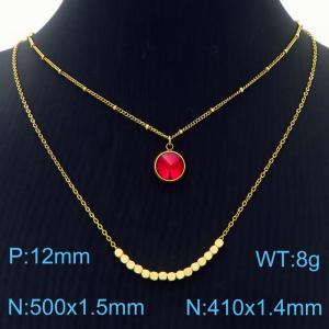 Double Layers Stainless Steel Necklace Link Chain With Red Stone Pendant Gold Color - KN251221-Z