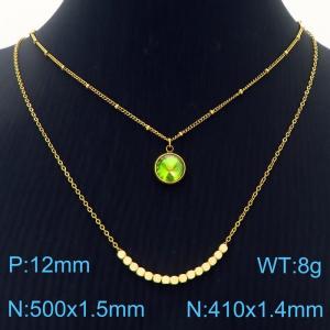 Double Layers Stainless Steel Necklace Link Chain With Green Stone Pendant Gold Color - KN251223-Z