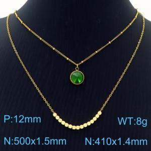 Double Layers Stainless Steel Necklace Link Chain With Green Stone Pendant Gold Color - KN251226-Z