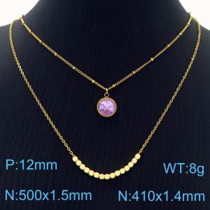 Double Layers Stainless Steel Necklace Link Chain With Purple Stone Pendant Gold Color - KN251230-Z