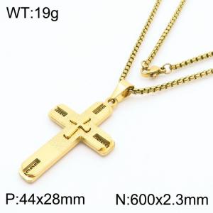 Double Layer Cross Charm Pendant With 60cm Chain Men Stainless Steel Necklace Gold Color - KN281709-KL