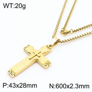 Cross Prayer Charm Pendant With 60cm Chain Men Stainless Steel Necklace Gold Color - KN281712-KL