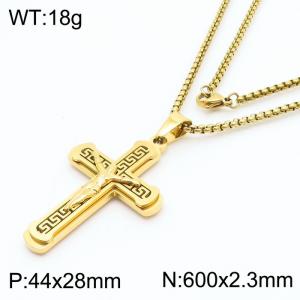 Jesus Cross Charm Pendant With 60cm Chain Men Stainless Steel Necklace Gold Color - KN281717-KL