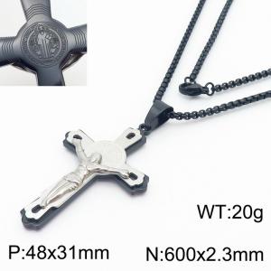 Jesus Cross Bilayer Charm Pendant With 60cm Chain Men Stainless Steel Necklace Black Color - KN281718-KL