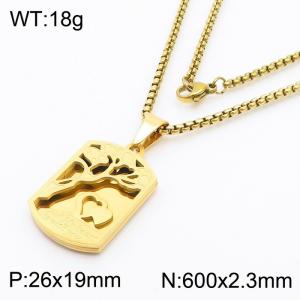 Tree of Life Block Hollow out Charm Pendant With 60cm Chain Men Stainless Steel Necklace Gold Color - KN281744-KL