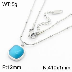 Blue Square Cat's Eye Stone Charm Pendant With 41cm Chain Women Stainless Steel Necklace Silver Color - KN281754-KL