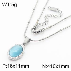Cat's Eye Stone Charm Pendant With 41cm Chain Women Stainless Steel Necklace Silver Color - KN281756-KL