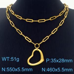 Double Layers Stainless Steel Necklace Link Chain With Heart Pendant Gold Color - KN281770-Z
