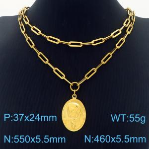 Double Layers Stainless Steel Necklace Link Chain With Heart Pendant Gold Color - KN281772-Z