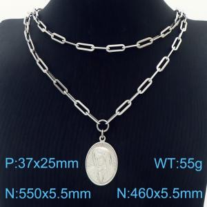 Double Layers Stainless Steel Necklace Link Chain With The Virgin Mary  Pendant Silver Color - KN281773-Z