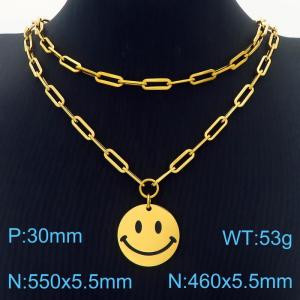 Double Layers Stainless Steel Necklace Link Chain With Smile Face Pendant Gold Color - KN281774-Z