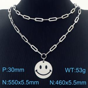 Double Layers Stainless Steel Necklace Link Chain With Smile Face Pendant Silver Color - KN281775-Z