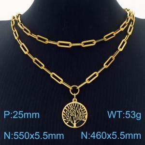 Double Layers Stainless Steel Necklace Link Chain With Life Tree Pendant Gold Color - KN281776-Z