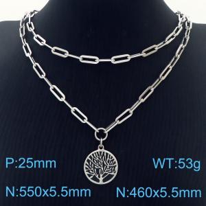 Double Layers Stainless Steel Necklace Link Chain With Life Tree Pendant Silver Color - KN281777-Z
